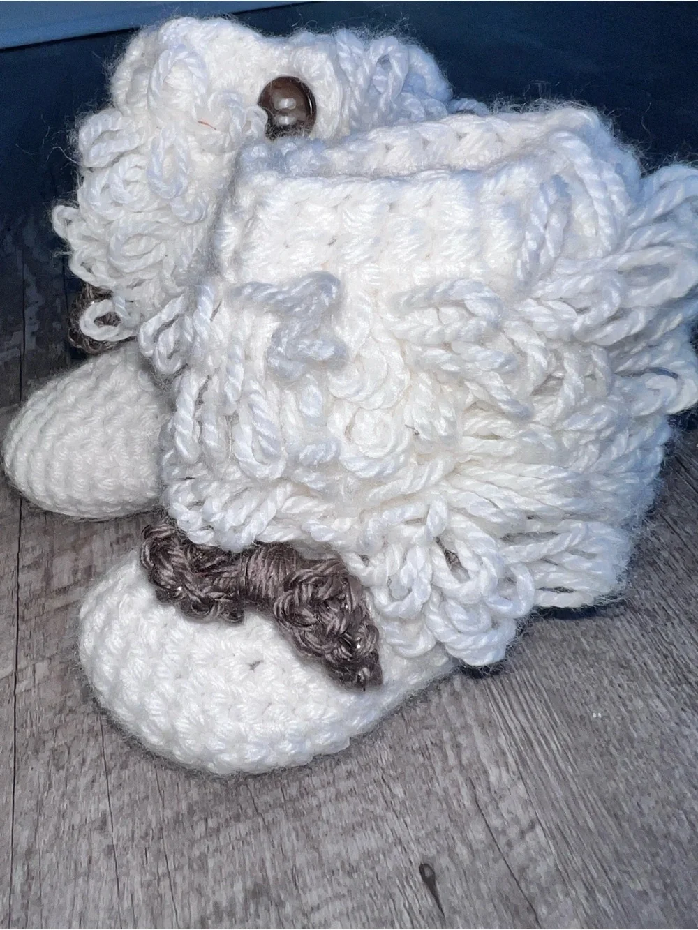 Handmade White Crochet Baby Booties with Button Detail